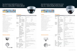 Super High-Resolution DayNight WDR Dome Camera                                                                                                                                    Super High-Resolution DayNight Anti-Vandal Dome Camera

SCC-B5367/B5369                                                                                                                                                                   SCC-B5396/B5398


Features                                                            Specifications                                                                                                Features                                                            Specifications
• 1/3" SONY 410K/470K Pixels Super-HAD PS CCD                       Model                                         SCC-B5367N/B5369N                SCC-B5367P/B5369P              • 1/3" SONY 410K/470K Pixels Super-HAD IT CCD                       Model                                        SCC-B5396N/B5398N              SCC-B5396P/B5398P
• High Resolution : 600 TV Lines                                    Camera Type Color/BW                          Color                                                           • High Resolution : 600 TV Lines                                    Camera Type Color/BW                         Color
• Min. illumination                                                 Image        Device                           1/3" Super-HAD PS CCD                                           • Min. illumination 0.00023Lux (F1.2, 15 IRE, Sens-Up 512x)         Image         Device                         1/3" Super-HAD IT CCD
  0.00023Lux (F1.2, 15 IRE, Sens-Up 512x, Color)                                 Pixels        Effective          768 x 494                       752 x 582                       • SCC-B5396 : f=2.5~6 mm, Auto Iris Lens                                          Pixels        Effective        768 x 494                         752 x 582
  0.000023Lux (F1.2, 15 IRE, Sens-Up 512x, B/W))                    Scanning     System                           Interlace                                                         SCC-B5398 : f=2.8~11 mm, Auto Iris Lens                           Scanning      System                         Interlace
• SCC-B5367 : f=2.5~6 mm, Auto Iris Lens                                         Horizontal    Internal Mode      15,734 Hz                       15,625 Hz                       • Internal/Linelock (Phase Control) Function                                      Horizontal Internal Mode       15,734 Hz                         15,625 Hz
  SCC-B5369 : f=2.8~11 mm, Auto Iris Lens                                        Frequency     Line-lock Mode     15,750 Hz                       15,625 Hz                       • Day/Night Function (Soft), Sens-Up Function (512x)                              Frequency Line-lock Mode       15,750 Hz                         15,625 Hz
• Wide Dynamic Range (WDR)                                                       Vertical      Internal Mode      59.94 Hz                        50 Hz                           • Motion Adaptive Digital Noise Reduction (3D+2D)                                 Vertical      Internal Mode    59.94 Hz                          50 Hz
• Virtual Progressive Scan (VPS)                                                 Frequency     Line-lock Mode     60 Hz                           50 Hz                                                                                                             Frequency Line-lock Mode       60 Hz                             50 Hz
                                                                                                                                                                                  • Back Light Compensation (Area Setting)
                                                                    Resolution   Horizontal                       600 TV Lines                                                                                                                        Resolution    Horizontal                     600 TV Lines
• Internal/Linelock (Phase Control) Function                                                                                                                                      • Advanced Motion Detection Function
                                                                    Min. Scene   Color           Sens-up off      0.12Lux(15IRE), 0.2Lux(30IRE), 0.4Lux(50IRE)@F1.2                                                                                   Min. Scene    Sens-up off                    0.12Lux(15 IRE), 0.2Lux(30 IRE), 0.4Lux(50 IRE)@F1.2
• Day/Night Function (ICR), Sens-Up Function (512x)                                                                                                                               • eXtended Dynamic Range (XDR)
                                                                    Illumination                 Sens-up          0.00023Lux(15IRE), 0.0005Lux(30IRE), 0.0008Lux(50IRE)@F1.2                                                                          Illumination Sens-up                         0.00023Lux(15 IRE), 0.0005Lux(30 IRE), 0.0008Lux(50 IRE)@F1.2
• Motion Adaptive Digital Noise Reduction (3D+2D)                                                                                                                                 • Privacy Mask Function (Polygonal Mosaic)
                                                                                 B/W             Sens-up off      0.012Lux(15IRE), 0.02Lux(30IRE), 0.04Lux(50IRE)@F1.2                                                                                Functions     Number of Privacy Zone         12 (Polygonal Method)
• Back Light Compensation (Area Setting)                                                         Sens-up          0.000023Lux(15IRE), 0.00005Lux(30IRE), 0.00008Lux(50IRE)@F1.2   • DIS (Digital Image Stabilization)                                               Day/Night                      Color/BW/AUTO(Soft)
• Advanced Motion Detection Function                                Functions      Number of Privacy Zone         12 (Polygonal Method)                                           • CCVC (Camera Control Via Coaxial cable, Controller : SCX-RD100)                 Motion Detection               Off/On
• eXtended Dynamic Range (XDR)                                                     Day/Night                      Color/BW/AUTO/EXT (ICR)                                         • Multi-Language OSD support                                                      D-Zoom                         1x ~16x (0.1x STEP)
• Privacy Mask Function (Polygonal Mosaic)                                         Motion Detection               Off/On                                                          • Intelligent Video (Moved / Fixed / Fence / Area / Tracking)                     High Speed Shutter             1/60 ~ 1/10Ksec (OSD)             1/50 ~ 1/10Ksec (OSD)
• DIS (Digital Image Stabilization)                                                Wide Dynamic Range             Off/On                                                          • Anti Vandal type, IP-66, Surface type                                           Sens Up / BLC / AGC            2x ~ 512x / Off/On / Off/On
• CCVC (Camera Control Via Coaxial cable, Controller : SCX-RD100)                  D-Zoom                         1x ~16x (0.1x STEP)                                             • DC12V & AC24V 60Hz(50Hz)                                                        Line Lock / Anti Vandal        Off/On (Phase Control) / Yes
• Multi-Language OSD support                                                       High Speed Shutter             1/60 ~1/10Ksec(OSD)             1/50 ~ 1/10Ksec(OSD)            • 3-Way Gimbals Structure                                                         Camera ID / White Balance      Off/On (Max.54ea/2Lines) / ATW1/ATW2/AWC/MANUAL
• Intelligent Video (Moved / Fixed / Fence / Area / Tracking)                      Sens Up / BLC / AGC            2x ~ 512x / Off/On / Off/On                                     • Applicable Wall mount adaptor : SADT-102WM                                      eXtended Dynamic Range         Off/Low/Mid/High
• 3-Way Gimbals Structure                                                          Line Lock / Camera ID          Off/On (Phase Control) / Off/On (Max.54ea/2Line)                                                                                                  Digital Noise Reduction        Off/On
                                                                                   White Balance                  ATW1/ATW2/AWC/MANUAL                                                                                                                              Digital Image Stabilization    Off/On
• DC12V & AC24V 60Hz(50Hz)
                                                                                   eXtended Dynamic Range         Off/Low/Mid/High                                                                                                                                  Intelligent Video              Off/On(Moved / Fixed / Fence / Area / Tracking)
                                                                                   Digital Noise Reduction        Off/On                                                                                                                                            PIP                            Off/On
                                                                                   Digital Image Stabilization    Off/On                                                                                                                                            Etc. Function                  Detail, Reverse(H/V), Posi/Nega
                                                                                   Intelligent Video              Off/On(Moved / Fixed / Fence / Area / Tracking)                                                                                     Video Output VBS 1.0Vp-p                     VBS 1.0Vp-p
Dimensions (unit:mm)                                                               PIP                            Off/On
                                                                                                                                                                                  Dimensions (unit:mm)                                                S/N Ratio                                    52 dB
                                                                                   Virtual Progressive Scan       Off/On                                                                                                                              Lens          Focal Length                   SCC-B5396 : 2.5~6mm / SCC-B5398 : 2.8~11mm
                                                                                   Etc. Function                  Detail, Reverse(H/V), Posi/Nega                                                                                                                   Zoom ratio                     SCC-B5396 : 2.4x / SCC-B5398 : 3.4x
                                                                    Video Output VBS 1.0Vp-p                      VBS 1.0Vp-p                                                                                                                                       Aperature Ratio                F1.2
                                                                    S/N Ratio                                     52 dB                                                                                                                                             Viewing       Tele             SCC-B5396:46˚(H) x 34˚(V) / SCC-B5398:28.8˚(H) x 21.6˚(V)
                                                                    Lens           Focal Length                   SCC-B5367:2.5~6mm / SCC-B5369:2.8~11mm                                                                                                            Angle         Wide             SCC-B5396:108˚(H) x 80˚(V) / SCC-B5398:94.6˚(H) x 68.4˚(V)
                                                                                   Aperature Ratio                F1.2                                                                                                                                              Lens Drive Type / Mount Type   AI(DC) / Board Type
                                                                                   Viewing       Tele             SCC-B5367:46˚(H) x 34˚(V) / SCC-B5369:28.8˚(H) x 21.6˚(V)                                                                           OSD                                          Yes
                                                                                   Angle         Wide             SCC-B5367:108˚(H) x 80˚(V) / SCC-B5369:94.6˚(H) x 68.4˚(V)                                                                          Remote        CCVC                           Yes (with SCX-RD100)
                                                                                   Lens Drive Type / Mount Type   AI(DC) / Board Type                                                                                                                 Control       RS485                          Yes (Multi Protocol, 8ea)
                                                                    OSD                                           Yes                                                                                                                                 Environmental Operating Temperature          Absolute : -10˚C ~ +50˚C / Sustained : -20˚C ~ +60˚C
                                                                    Remote Control CCVC / RS485                   Yes (with SCX-RD100) / Yes (Multi Protocol, 8ea)                                                                                    Conditions    Operating Humidity             Less than 90%
                                                                    Environmental Operating Temperature           Absolute : -10˚C ~ +50˚C / Sustained : -20˚C ~ +60˚C                                                                                Power         Power Requirement              24 VAC ±10%/12 VDC ±10%
                                                                    Conditions     Operating Humidity             Less than 90%                                                                                                                       Physical      Dimensions                     150(ø) x 121(H) mm
                                                                    Power          Power Requirement              24 VAC ±10%/12 VDC ±10%                                                                                                             Specification Weight                         1,000g
                                                                    Physical       Dimensions                     128(ø) x 78(H) mm                                                                                                                                 Color         Body             White
                                                                    Specification Weight                          330 g
                                                                                   Color         Body             White



                                                                                                                                                                                                                                                                                                                              Samsung Video Security System | 52 . 53
 