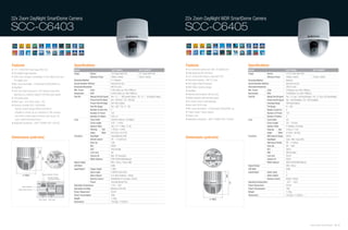 32x Zoom DayNight SmartDome Camera                                                                                                                                               22x Zoom DayNight WDR SmartDome Camera

SCC-C6403                                                                                                                                                                        SCC-C6405


Features                                                          Specifications                                                                                                 Features                                                   Specifications
• 1/4" 410K/470K Pixels Super-HAD CCD                             Model                                       SCC-C6403                          SCC-C6403P                      • 22x motorized optical zoom with 10x digital zoom         Model                                          SCC-C6405                         SCC-C6405P
• DIS (Digital Image Stabilizer)                                  Image              Device                  1/4" Super-HAD CCD             1/4" Super-HAD CCD                   • High-speed pan/tilt (400º/sec)                           Image                  Device                  1/4" Ex-View HAD CCD
• 320x zoom, through a combination of 32x optical zoom and                           Effective Pixels        768(H) x 494(V)                752(H) x 582(V)                      • 1/4” 410K/470K Pixels Ex-View HAD CCD                                           Effective Pixels        768(H) x 494(V)               752(H) x 582(V)
  10x digital zoom                                                Scanning Method                            2:1 Interlace                                                       • Horizontal resolution : 480 TV Lines                     Scanning Method                                Interlace
• Min. scene illumination : 0.005(color)/0.0005(B/W) Lux          Synchronization Method                     Internal/Line lock                                                  • DSP (Digital Signal Processor)                           Synchronization Method                         Internal/Line lock
• Day/Night                                                       Horizontal Resolution                      480 TV Lines                                                        • WDR (Wide Dynamic Range)                                 Horizontal Resolution                          480 TV Lines
• 350˚ horizontal turning and 0~90˚ vertical turning while        Min. Scene         Color                   0.005 (Sens-up 128x,15IRE)Lux                                       • Day/Night                                                Min. Scene            Color                    0.002(Sens-up 160x,15IRE)Lux
                                                                  Illumination       B/W                     0.0005 (Sens-up 128x,15IRE)Lux                                      • External eynchronization with line lock                  Illumination          B/W                      0.0002(Sens-up 160x,15IRE)Lux
  searching, at a maximum speed of 400˚/sec (pan speed)
                                                                  Pan/Tilt           Manual Pan/Tilt Speed   Pan : 0.1˚ ~ 180˚/sec(64 Steps) / Tilt : 0.1˚ ~ 90˚/sec(64 Steps)                                                              Pan/Tilt              Manual Pan/Tilt Speed    Pan : 0.1˚/sec~180˚/sec(64step) / Tilt : 0.1˚/sec~90˚/sec(64step)
• 128 preset points                                                                                                                                                              • Motion detection with alarming output
                                                                                     Preset Pan/Tilt Speed   Pan : 400˚/sec / Tilt : 200˚/sec                                                                                                                      Preset Pan/Tilt Speed   Pan : 400˚/sec(Max) / Tilt : 200˚/sec(Max)
• Alarm input : 4Ch, Alarm output : 3Ch                                                                                                                                          • On-screen menus (multi-language)
                                                                                     Preset Pan/Tilt Rage    350˚ Non-Endless                                                                                                                                      Panning Range           360˚/sec(Endless)
• Exclusive controller (SSC-1000/5000)                                                                                                                                           • Innor rotor BLDC motor
                                                                                     Pan/Tilt Range          Pan : 350˚ / Tilt : 0˚~ 90˚                                                                                                                           Tilt Range              0˚~ 180˚
  - Remote control through RS485 and RS422                                           Number of Auto Pan      4
                                                                                                                                                                                 • Min. scene illumination : 0.002(color)/0.0002(B/W) Lux                          Number of Auto Pan      4
  - Possible to connect up to a maximum of 256 cameras,                              Number of Preset        128                                                                 • 4 alarm inputs, 3 alarm outputs                                                 Number of Preset        128
    and control a wide range of functions such as pan, tilt,                         Number of Pattern       2min x 3                                                            • Privacy zone                                                                    Number of Pattern       3
    zoom, preset and manual focus                                 Lens               Zoom Ratio              320x(32x Optical, 10x Digital)                                      • Applicable Accessories : SADT-100WM, SHG-120/220         Lens                   Zoom Ratio              22x
• Applicable Accessories : SADT-100WM, SHG-120/220                                   Focal Length            3.55 ~ 113mm                                                                                                                                          Focal Length            3.6 ~ 79.2mm
                                                                                     Apeture Ratio           Tele : F4.17, Wide : F1.69                                                                                                                            Apeture Ratio           F1.6(Wide), F3.8(Tele)
                                                                                     Viewing        Tele     1.78˚(H) x 1.34˚(V)                                                                                                                                   Viewing        Tele     2.3˚(H) x 1.7˚(V)
                                                                                     Angle          Wide     56.41˚(H) x 43.01˚(V)                                                                                                                                 Angle          Wide     47.9˚(H) x 36.9˚(V)
                                                                  Functions          Day/Night               Color/BW/Auto (ICR)                                                                                                            Functions              Wide Dynamic Range      Off/On
Dimensions (unit:mm)                                                                 Shutter Speed           Off ~ 1/10,000 sec
                                                                                                                                                                                 Dimensions (unit:mm)                                                              Day/Night               Color / BW / Auto (ICR)
                                                                                     Sens Up                 128x                                                                                                                                                  High Speed Shutter      Off ~ 1/10Ksec
                                                                                     BLC                     Off/On                                                                                                                                                Sens Up                 Off ~ 160x
                                                                                     AGC                     Off/Low/High                                                                                                                                          BLC                     Off/On
                                                                                     Line Lock               Yes                                                                                                                                                   AGC                     Off/Low/High
                                                                                     Camera ID               Max. 20 Characters                                                                                                                                    Line lock               On/Off
                                                                                     White Balance           ATW1/ATW2/AWC/Manual                                                                                                                                  Camera ID               Off/On
                                                                  Signal Output                              VBS 1.0Vp-p, 74ohm, BNC                                                                                                                               White Balance           ATW1/ATW2/AWC/Manual
                                                                  S/N Ratio                                  50dB                                                                                                                           Signal Output                                  VBS 1.0Vp-p
                                                                  Input/Output       Image Output            1 BNC                                                                                                                          S/N Ratio                                      50dB
                                                                                     Alarm Input             4 NO/NC (5mA Sink)                                                                                                             Input/Output         Alarm Input               4
                                   Power Connection Terminal
                                                                                     Alarm Output            3 (2 Open Collector, 1 Relay)                                                                                                                       Alarm Output              3
                                            Remote Controller
                                            Connection Terminal                      Remote Control          RS485(Half & Full Duplx) / RS422                                                                                                                    Remote Control            RS485 / RS422
                                                                                     Power                   Terminal Block(3-Pin)                                                                                                          Operating Temperature                          -10˚C ~ +50˚C
                                                                  Operating Temperature                      -10˚C ~ 50˚C                                                                                                                   Power Requirment                               AC24V
            Power Indication
       Image Output Terminal
                                                                  Operating Humidity                         Maximum 90% RH                                                                                                                 Power Consumption                              18W
                                                                  Power Requirment                           AC24V                                                                                                                          Weight                                         1,700g
                                                                  Power Consumption                          18W                                                                                                                            Dimensions                                     159.5(ø) x 177(D)mm
                               Alarm Output Alarm Input
                                                                  Weight                                     1,700g
                                                                  Dimensions                                 159.5(ø) x 177(D)mm




                                                                                                                                                                                                                                                                                                                          Samsung Video Security System | 56 . 57
 