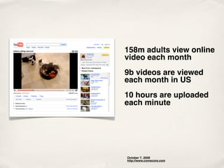 158m adults view online
video each month
9b videos are viewed
each month in US
10 hours are uploaded
each minute




October 7, 2009
http://www.comscore.com
 