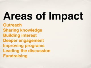 Areas of Impact
Outreach
Sharing knowledge
Building interest
Deeper engagement
Improving programs
Leading the discussion
Fundraising
 
