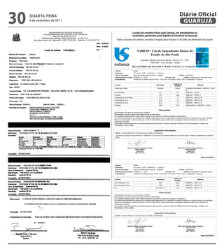 30   QUARtA-feiRA
     9 de novembro de 2011
                                                                                                                              Diário Oficial
                                                                                                                               GUARUJÁ
                                                       Laudos da recoleta feitas pela sabesp, em atendimento às
                                                       anomalias apontadas pela vigilância sanitária de Guarujá
                                Todo o sistema de coleta e recoleta é regido pela Portaria 518/2004, do Ministério da Saúde.

                                                                                                                                                                              1/1


                                                              SABESP - Cia de Saneamento Básico do
                                                                      Estado de São Paulo
                                                                   Alameda Adriano Neiva da Motta e Silva nº 45 - CEP:
                                                                           11065-690 - Jose Menino - Santos
                                                       RELATÓRIO DE ENSAIO Nº RSOC 17273/11-A Versão 00
                              Cliente:                   RSSG
                              Endereço:                  AV Leomil, 1055 - (indefinido) * - Guaruja
                              Tipo de Amostra:           Rede de Distribuição Guarujá - Cavalete                  Id. Pto: 021RE187
                              Data/horário de coleta:    24/08/2011 - 12:00                         Chuvas: Não          Coletor: Miqueas da Conceição Daniel
                              Procedência:               021RE187 R DONA Vitória nº 502 - ETEC Alb. S. Dumont -VISA -U.M.A.-(indefinido) *-Guaruja


                                                                                                                   Unidade de
                              Ensaio                                                      Resultado                                                    Método
                                                                                                                    Medida
                             Coliformes Totais                                              Ausente                   /100mL          Substrato Enzimático / SMEWW - 9223
                                                                                                                                      B
                             Cor Aparente                                                      4,3                      uC            SMEWW - 2120 E
                             Fluoreto                                                          0,6                     mg/L           SMEWW - 4500-F C
                             Temperatura da Amostra                                           17,0                      ºC            SMEWW - 2550 A e B
                             Temperatura do Ar                                                26,0                      ºC            SMEWW - 2550 A e B
                             Temperatura Flúor                                                22,3                      ºC            SMEWW - 4500-H+ B
                             Turbidez                                                         0,66                     NTU            Nefelométrico / SMEWW - 2130 B


                                                                                              Observações:
                             Este Relatório só deve ser reproduzido completo.
                             Reprodução de partes requer aprovação escrita do laboratório.
                             Os resultados apresentados neste relatório aplicam-se somente a amostra entregue no laboratório.
                             Os valores da estimativa de incerteza de medição estão disponíveis no Laboratório e serão fornecidos ao cliente sempre que solicitado.
                             Plano de Amostragem conforme Portaria nº 518 de 25/03/2004, para mananciais de captação, saída do tratamento e sistema de
                             distribuição de água.
                             Condições de armazemanento e acondicionamento das amostras, conforme Standard Methods for the Examination of Water and
                             Wastewater, última edição.


                                                                                       Legendas e Informações
                              SMEWW - Standard Methods for the Examination of Water and Wastewater
                               Os métodos utilizados estão acreditados no INMETRO e /ou de acordo com Standard Methods for the Examination of Water and Wastewater 21 edição da
                              AWWA.
                                                                                                                                                                              1/1


                                                              SABESP - Cia de Saneamento Básico do
                                                                      Estado de São Paulo SávioCRQ 04341989 Martinez
                                                 Químico Reinaldo Guimarães Gomes
                                                           CRQ 04225827
                                                                                        ENG    Evaristo Ribeiro

                                                             Supervisor                                                               Engenheiro
                                                           Matr. 54170-6                                                              Matr. 56695.4
                                                                   Alameda Adriano Neiva da Motta e Silva nº 45 - CEP:
                                                                           11065-690 - Jose Menino - Santos                                                 Data 24/10/2011

                                                        RELATÓRIO DE ENSAIO Nº RSOC 17273/11 Versão 00
                              Cliente:                   RSSG
                              Endereço:                  AV Leomil, 1055 - (indefinido) * - Guaruja
                              Tipo de Amostra:           Rede de Distribuição Guarujá - Cavalete                  Id. Pto: 021RE187
                              Data/horário de coleta:    24/08/2011 - 12:00                         Chuvas: Não          Coletor: Miqueas da Conceição Daniel
                              Procedência:               021RE187 R DONA Vitória nº 502 - ETEC Alb. S. Dumont -VISA -U.M.A.-(indefinido) *-Guaruja


                                                                                                                   Unidade de
                              Ensaio                                                      Resultado                                                    Método
                                                                                                                    Medida
                             Cloro Residual Livre                                             0,80                     mg/L           SMEWW - 4500-Cl G
                             Cloro Residual Total                                             0,80                     mg/L           SMEWW - 4500-Cl G
                             pH
                             RSOC-065                                                    6,5 a 22,4 ºC
                                                                                                Emissão 15/09/06 u pH                 SMEWW - 4500-H+ B                Rev.00

                                                                                              Observações:
                             Este Relatório só deve ser reproduzido completo.
                             Reprodução de partes requer aprovação escrita do laboratório.
                             Os resultados apresentados neste relatório aplicam-se somente a amostra entregue no laboratório.
                             Os valores da estimativa de incerteza de medição estão disponíveis no Laboratório e serão fornecidos ao cliente sempre que solicitado.
                             Plano de Amostragem conforme Portaria nº 518 de 25/03/2004, para mananciais de captação, saída do tratamento e sistema de
                             distribuição de água.
                             Condições de armazemanento e acondicionamento das amostras, conforme Standard Methods for the Examination of Water and
                             Wastewater, última edição.


                                                                                       Legendas e Informações
                              SMEWW - Standard Methods for the Examination of Water and Wastewater




                                                 Químico Reinaldo Guimarães Gomes                                         ENG Sávio Evaristo Ribeiro Martinez
                                                           CRQ 04225827                                                            CRQ 04341989
                                                             Supervisor                                                              Engenheiro
                                                           Matr. 54170-6                                                            Matr. 56695.4


                                                                                                                                                            Data 24/10/2011
 