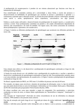 A predisposição de receptor-passivo é produto de um sistema educacional que funciona com base na
transmissão de informação.
Essa estratificação de conteúdos continua até a universidade e, dessa forma, a escola não promove o
desenvolvimento de habilidades de aprendizagem que auxiliam as pessoas a aprenderem a aprender e a
continuarem a aprender após a educação escolar. As pessoas deveriam aprender a buscar a informação, aprender
como usá-la e, assim, apropriarem-se dessa experiência, convertendo-a em algo pessoal.

Embora a escola esteja cultivando o desenvolvimento da predisposição de receptor¬passivo, o cacador-ativo
continua a existir. Essas predisposições caminham em paralelo e são usadas alternadamente dependendo do
interesse, das circunstâncias e do estilo de trabalho. Em alguns casos, não somos conscientes da existência
dessas predisposições e ignoramos a do cacador-ativo.
A Figura I sintetiza as diferentes predisposições de aprendizagem que acontecem nos diferentes períodos da
nossa vida.




Uma solução mais efetiva é a de desenvolver a predisposição de aprendizagem continuada ao longo da vida
(lifelong-Iearning mindset).
A função da escola deveria ser a de trabalhar com a predisposição de cacador-ativo e auxiliar o aprendiz a
desenvolver a predisposição de aprendizagem continuada ao longo da vida. Essa predisposição, portanto, passa
a ser uma extensão, una aprimoramento, do cacador-ativo. A Figura 2 mostra a predisposição de aprendizagem
continuada ao longo da vida.
No Brasil, segundo dados do IBGE, em 1992 eram 11,4 milhões de pessoas com mais de 60 anos.
Por exemplo, em alguns casos envolvem o domínio da tecnologia da informação, como é o tipo de atividade
que está sendo desenvolvida no curso de Introdução á Informática na Universidade Aberta para a Maturidade,
da PUCSP, ministrado pela pesquisadora Vitória Kachar (Kachar, 2000).
Os alunos escolhem este curso para entender a magia do computador. Em questionários e entrevistas
conduzidas no inicio do curso, os alunos falam explicitamente em "desmistificar a máquina", "atualização" e
"desafios".
Esta sensação de "empowernent" observada em outras circunstâncias de uso da informática na educação
(Valente, 1999) também se faz presente neste contexto.
Este tipo de sensação está muito longe de ser vivenciada por alunos do ensino tradicional. Aprendizagem na
escola                     e                     na                    vida                     profissional
Embora o individuo possa aprender multo interagindo com os objetos e com as pessoas, a complexidade do
 