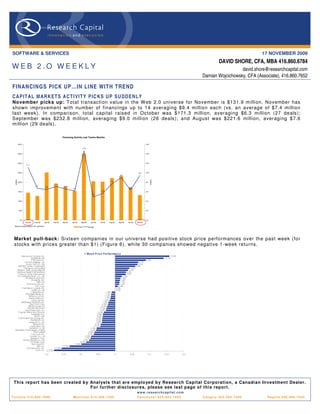 SOFTWARE & SERVICES                                                                                                                                                                                                                       17 NOVEMBER 2009
                                                                                                                                                                                                                       DAVID SHORE, CFA, MBA 416.860.6784
WEB 2.O WEEKLY                                                                                                                                                                                                                   david.shore@researchcapital.com
                                                                                                                                                                                                               Damian Wojcichowsky, CFA (Associate), 416.860.7652

 FINANCINGS PICK UP…IN LINE WITH TREND
 CA P IT AL M AR K ET S AC T I VIT Y P IC K S U P S U DD E NL Y
 November picks up: Total transaction value in the W eb 2.0 universe for November is $131.9 million. November has
 shown improvement with number of financings up to 14 averaging $9.4 million each (vs. an average of $7.4 million
 last week). In comparison, total capital raised in October was $171.3 million, averaging $6.3 million (27 deals);
 September was $232.8 million, averaging $9.0 million (26 deals); and August was $221.6 million, averaging $7.6
 million (29 deals).

                                                            Financing Activity Last Twelve Months

            400.0                                                                                                                                                        16.0

                                                                                      14.6


            350.0                                                                                                                                                        14.0




            300.0                                                                                                                                                        12.0
                     11.1



            250.0                                                                                                                                               9.4      10.0
                                                                                                                                        9.0
   (US$m)




                                                                                                                                                                                (US$m)




            200.0                                                                                                         7.6                                            8.0
                                                   7.1
                              6.7                             6.6
                                          6.5                                                                                                      6.3
                                                                      6.2
            150.0                                                                                               5.6                                                      6.0
                                                                                                  4.9


            100.0                                                                                                                                                        4.0




             50.0                                                                                                                                                        2.0




              0.0                                                                                                                                                        0.0
                    Nov-08   Dec-08      Jan-09   Feb-09    Mar-09   Apr-09      May-09         Jun-09      Jul-09    Aug-09           Sep-09     Oct-09      Nov-09

  *May-09 includes $200m FB investment                                        Total          Average




  Market pull-back: Sixteen companies in our universe had positive stock price performances over the past week (for
  stocks with prices greater than $1) (Figure 6), while 30 companies showed negative 1-week returns.
                                                                                        1 Wee k P rice P erformance
          Openw ave S y s tems Inc .                                                                                                                                                          15.8%
                        G igaMedia L td.                                                                                                                                                 14.1%
                        Y nk K orea Inc .                                                                                                                                 9.0%
              Tenc ent Holdings L td.                                                                                                                            6. 7%
                 A ctoz S oft Co., L td.                                                                                                                        6.5%
     NEOWIZ G ames Corporation                                                                                                                               5. 9%
            Changy ou. c om L imited                                                                                                                 4. 1%
     Modern Times G roup Mtg A B                                                                                                                    3. 7%
    G amania Digital Entertainment                                                                                                                3.2%
      Chines e G amer International                                                                                                               3.0%
     S K Communic ations Co., L td.                                                                                                          2.0%
                IA C/InterA c tiveCorp.                                                                                                     1. 6%
                        S hutterfly, Inc .                                                                                                 1.4%
                                XING A G                                                                                                  1. 2%
                  TheS treet. com, Inc .                                                                                                 1. 2%
                             CDC Corp.                                                                                                  0. 8%
          Fluid Mus ic Canada, Inc .                                                                                                0. 0%
                          Eolith Co. L td.                                                                                          0. 0%
                        V alueClic k Inc .                                                                        -1.0%
                 PNI Digital Media Inc .                                                                         -1. 1%
                    Neteas e.c om Inc .                                                                         -1.2%
                    United Online Inc .                                                                         -1.3%
                         S ohu.c om Inc .                                                                     -1.6%
          NetDragon WebS of t, Inc .                                                                        -1. 9%
                     Open Tex t Corp.                                                                       -2.0%
                    My riad G roup A G                                                                     -2. 3%
                  S handa Interac tive                                                                    -2.5%
               S park Netw orks , Inc .                                                                  -2.6%
     Frogs ter Interactive Pic tures                                                                 -3. 3%
                        Cy berplex Inc .                                                            -3. 6%
                            DA DA S pA                                                              -3. 6%
      G iant Interac tive G roup, Inc .                                                            -3.7%
                       HanbitS of t, Inc .                                                         -3.8%
                     K ings of t Co. L td.                                                         -3.8%
                           W ebz en Inc .                                                        -4.2%
                      L ookS mart, L td.                                                        -4.3%
                     G ameOn Co L td.                                                      -5. 4%
   Northgate Technologies L imited                                                        -5.5%
                           The9 L imited                                                -6.0%
                        Tree.Com, Inc .                                                -6. 2%
                      G ravity Co. , L td                                          -7. 0%
                       Quepas a Corp.                                             -7.1%
            Perfec t World Co., L td.                                           -7.6%
                      Y D Online Corp.                                       -8.4%
                         Ngi G roup Inc .                               -9.8%
                                Mix i, Inc .              -13. 2%
                  A Q Interac tive, Inc .          -15.6%
                               G ree, Inc . -17.7%
                                         -0.2              -0. 15             -0.1                      -0.05                   0                   0. 05                      0.1       0. 15          0. 2




  This report has been created b y Anal ysts that are emplo yed b y Research Capital Corporation, a Canadian Investment Dealer.
                                   For further disclosures, please see last page of this report.
                                                                                                                                                              w w w . r e s e a rc h c a p i t a l . c o m
T o ro n t o 4 1 6 . 8 6 0 . 7 6 0 0                                  Montreal 514.399.1500                                                                   Vancouver 604.662.1800                           Calgary 403.265.7400          Regina 306.566.7550
 