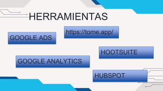 HERRAMIENTAS
GOOGLE ADS
https://tome.app/
GOOGLE ANALYTICS
HOOTSUITE
HUBSPOT
 
