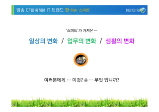 방송 CF를 통해본 IT 트랜드 핫 이슈 ‘스마트’



                  ‘스마트’가 가져온 …

    일상의 변화 / 업무의 변화 / 생활의 변화




          여러분에게 … 이것? 은 … 무엇 입니까?



                                    12
 