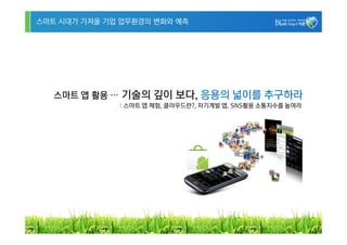 스마트 시대가 가져올 기업 업무환경의 변화와 예측




   스마트 앱 활용 … 기술의 깊이 보다, 응용의 넓이를 추구하라
              : 스마트 앱 체험, 클라우드란?, 자기계발 앱, SNS활용 소통지수를 높여라




                                                            13
 