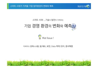 스마트 시대가 가져올 기업 업무환경의 변화와 예측




               스마트 시대! ...기술의 발전이 가져오는


        기업 경영 환경의 변화와 예측


                      Hot Issue !


        디바이스 경계의 소멸, 법/제도, 보안, Data 처리/관리, 문서혁명




                                                  14
 