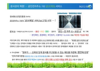 문서관리 혁명! … 공인전자주소 기반 샵(#)메일 서비스

                                            D-Cloud Center ‘공인전자문서 보관소’

정보통신산업진흥원 (NIPA)

공인전자주소 기반의   `샵(#)메일' 서비스를 27일 시작 … !




샵 메 일 : 이메일의 송신자와 수신자가   … 송신·수신·열람 … 결과가   ‘공인•전 자주 소•보관 소’에             기록

                  … 본인확인, 증명확인, 부인방지, 스팸차단 기능 등에서 한층 개선된 기능을 제공

지원 업체 선정, 계약 체결 등 전 과정에서 공문서 수신 여부에 대한 시비를 없앨 수 있고, … "투명한 업무 추진에 도움”
"신뢰할 수 있는 전자문서 유통을 위해 전자문서 유통 (규격 제정 :NIPA) … ‘종이문서 계약’을 ->‘전자계약’으로
전환하고 공문서 발송과 접수도 샵메일로 시행시 기존 종이문서 관리에 많은 문제점들이 해결될 것으로 전망


※ 지식경제부 :   "정부가 … 신뢰성 있게 문서를 주고받을 수 있는 제도를 마련해 법안에 반영”
 "전자거래기본법(개정안은 지난 11일 국무회의를 통과했고, 26일 국회에 제출) … 개정안이 통과되면,

  종이 계약서 등을 통한 분쟁 해결에 도움이 되고, 종이 유통 및 보관 비용을 대폭 감소 시킬 수 있을 것”


                                                                               18
 