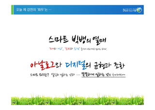 오늘 제 강연의 ‘화두’는 …




              스마트 빅뱅의 열매
              ‘위기와 기회’, ‘추락과 추격’ 동시에 이루어지고 있다는 것이다.




      아날로그와 디지털의 균형과 조화
      스마트 워크란? 열심히 일하는 것과 … 똑똑하게 일하는 것의 차이에서~




                                                      2
 