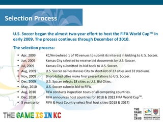 USA Host City Bid for the 2018/2022 FIFA World CupTM
Selection Process
U.S. Soccer began the almost two-year effort to host the FIFA World CupTM
in
early 2009. The process continues through December of 2010.
The selection process:
• Apr, 2009 KC/Arrowhead 1 of 70 venues to submit its interest in bidding to U.S. Soccer.
• Jun, 2009 Kansas City selected to receive bid documents by U.S. Soccer.
• Jul, 2009 Kansas City submitted its bid book to U.S. Soccer.
• Aug, 2009 U.S. Soccer names Kansas City to short-list of 27 cities and 32 stadiums.
• Nov, 2009 Short-listed cities make final presentations to U.S. Soccer.
• Dec, 2009 U.S. Soccer selects 18 cities as U.S. Bid Cities.
• May, 2010 U.S. Soccer submits bid to FIFA.
• Aug, 2010 FIFA conducts inspection tours of all competing countries.
• Dec, 2010 FIFA announces host countries for 2018 & 2022 FIFA World CupTM
.
• 5 years prior FIFA & Host Country select final host cities (2013 & 2017)
 
