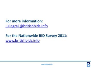 For more information:
juliegrail@britishbids.info

For the Nationwide BID Survey 2011:
www.britishbids.info




                      www.britishbids.info
 