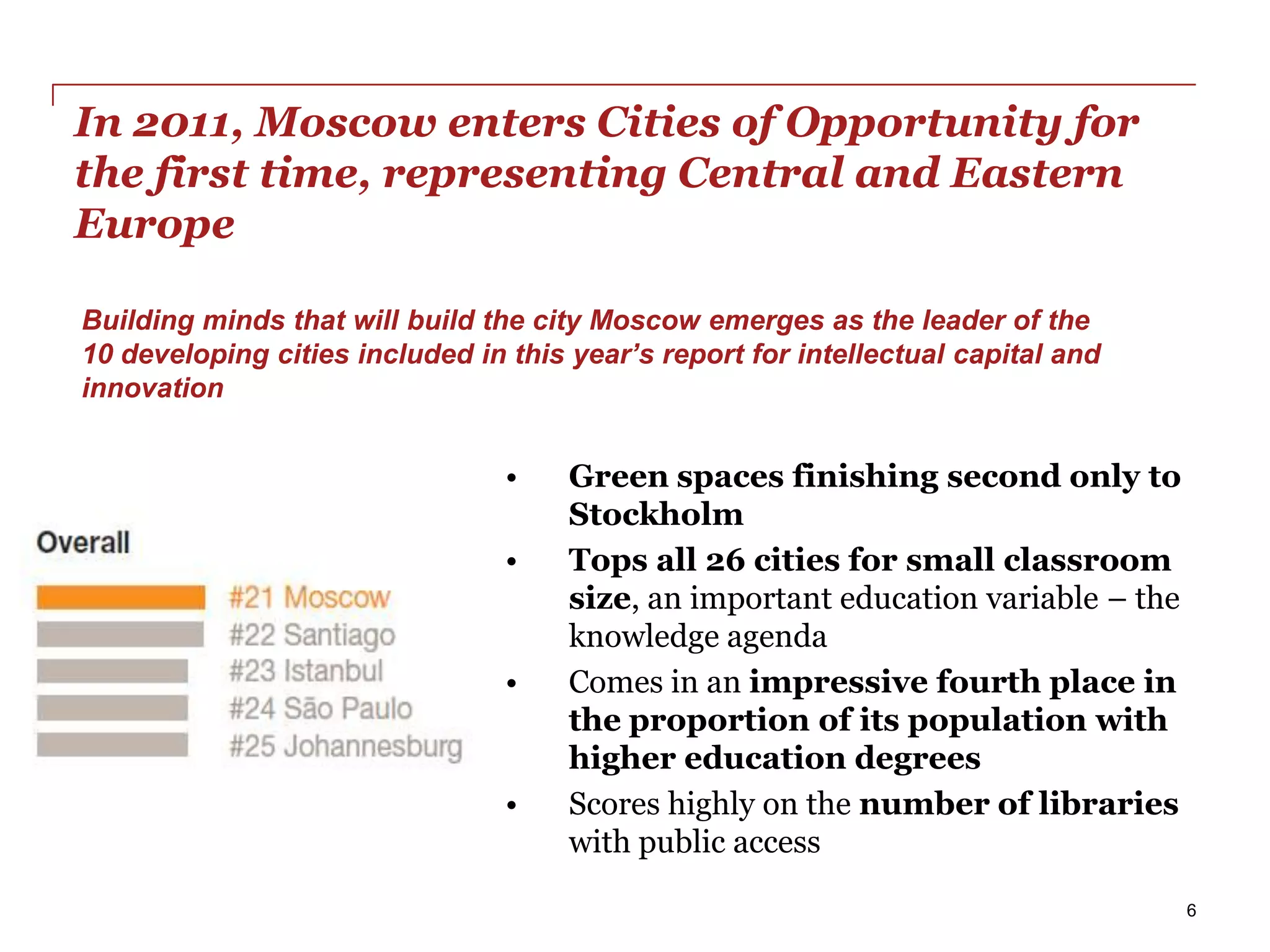 In 2011, Moscow enters Cities of Opportunity for
the first time, representing Central and Eastern
Europe

Building minds that will build the city Moscow emerges as the leader of the
10 developing cities included in this year’s report for intellectual capital and
innovation


                                 •    Green spaces finishing second only to
                                      Stockholm
                                 •    Tops all 26 cities for small classroom
                                      size, an important education variable – the
                                      knowledge agenda
                                 •    Comes in an impressive fourth place in
                                      the proportion of its population with
                                      higher education degrees
                                 •    Scores highly on the number of libraries
                                      with public access

                                                                                    6
 