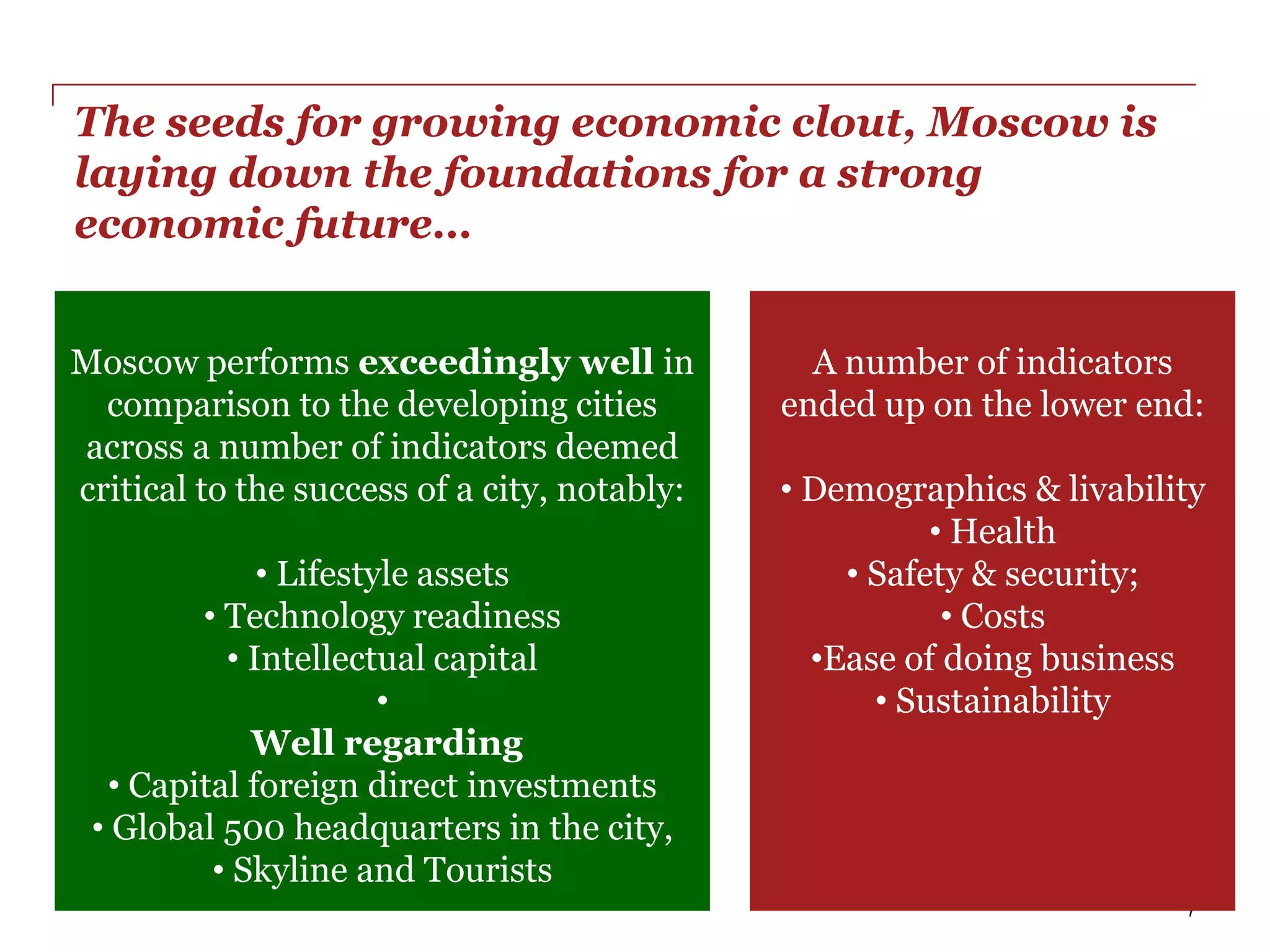 The seeds for growing economic clout, Moscow is
laying down the foundations for a strong
economic future…


Moscow performs exceedingly well in             A number of indicators
  comparison to the developing cities         ended up on the lower end:
across a number of indicators deemed
critical to the success of a city, notably:   • Demographics & livability
                                                        • Health
             • Lifestyle assets                   • Safety & security;
        • Technology readiness                           • Costs
          • Intellectual capital                •Ease of doing business
                      •                             • Sustainability
            Well regarding
  • Capital foreign direct investments
 • Global 500 headquarters in the city,
         • Skyline and Tourists
                                                                       7
 