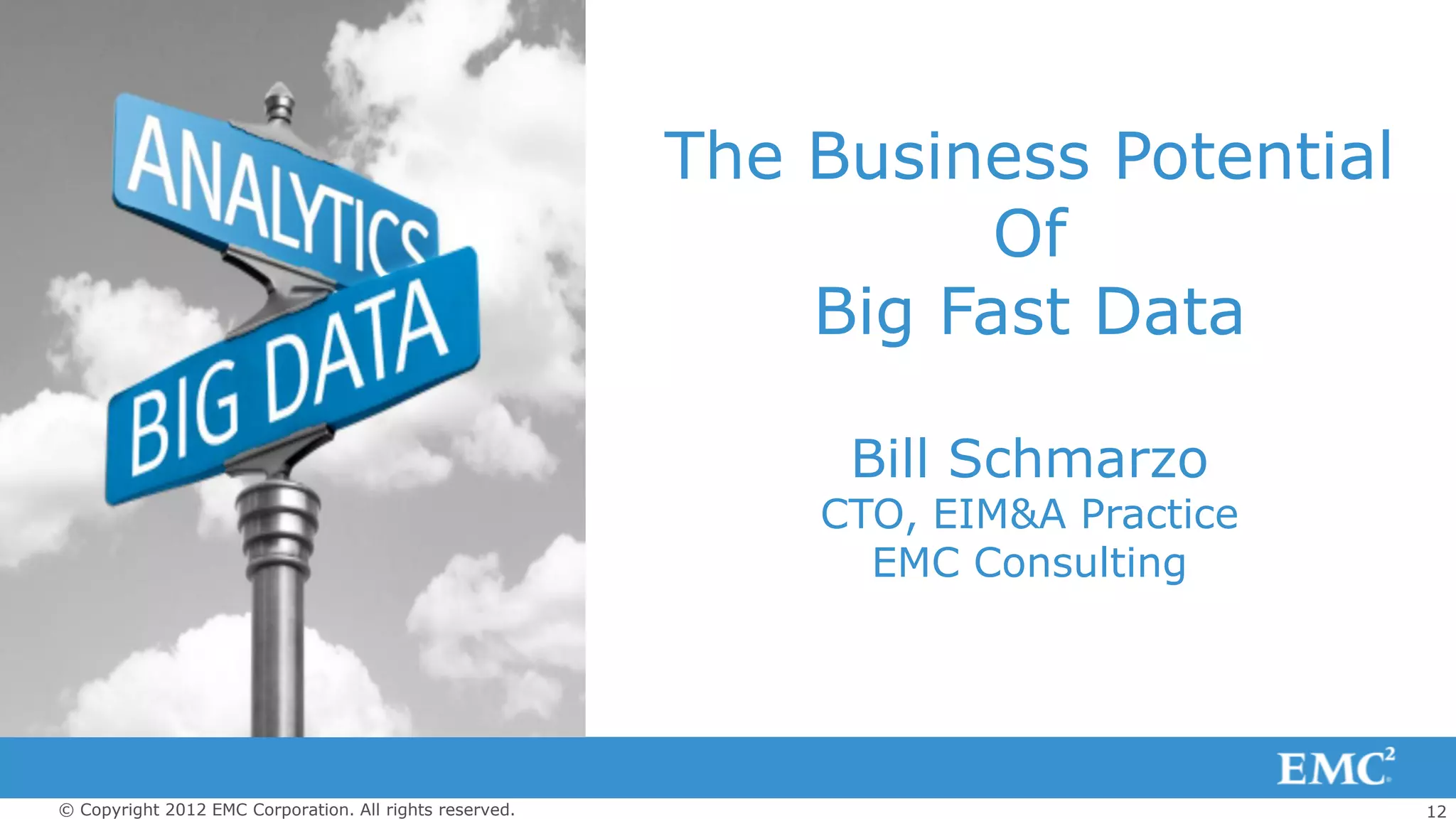The Business Potential
                                                                   Of
                                                             Big Fast Data

                                                              Bill Schmarzo
                                                             CTO, EIM&A Practice
                                                               EMC Consulting




© Copyright 2012 EMC Corporation. All rights reserved.                             12
 
