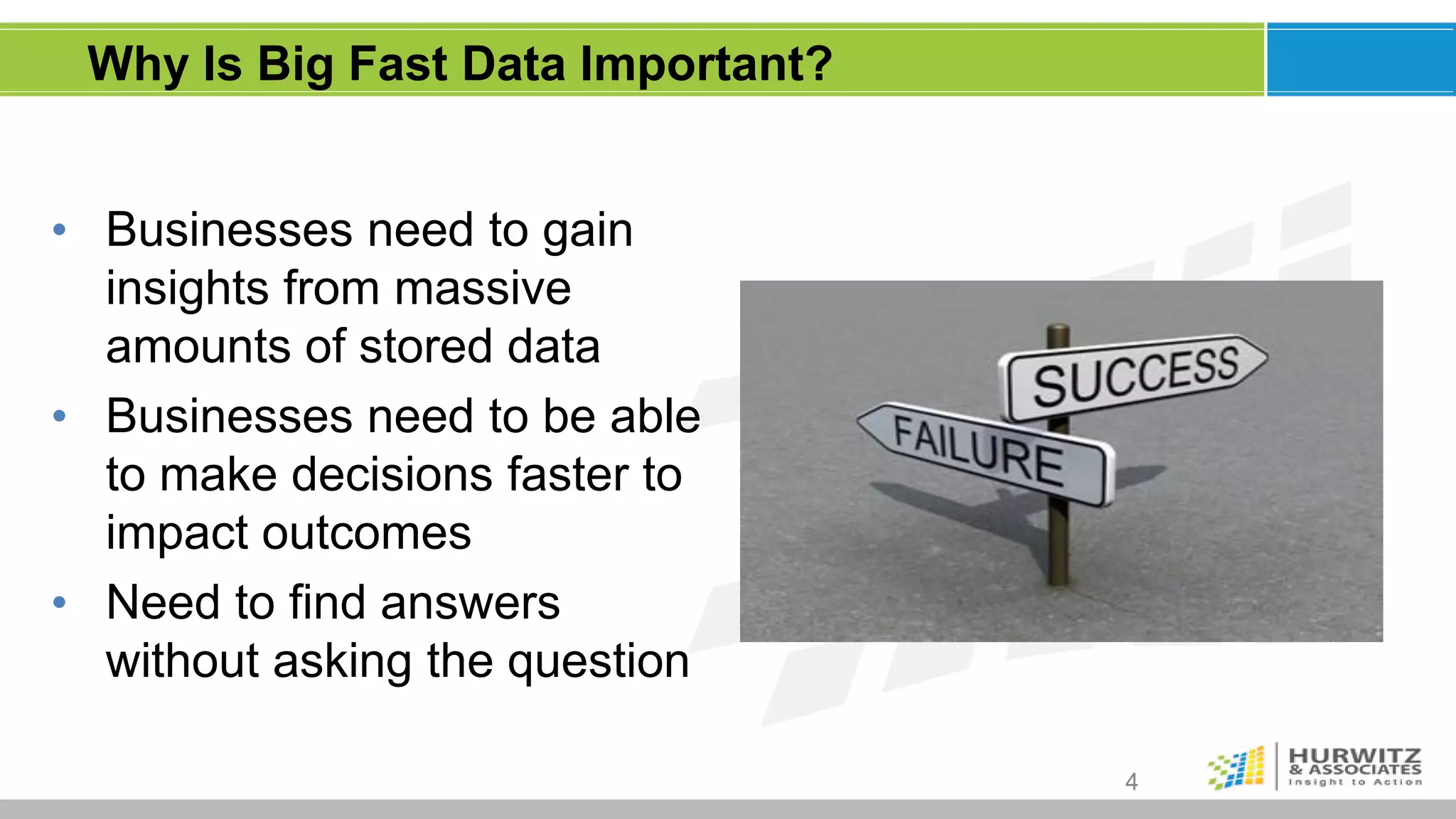 Why Is Big Fast Data Important?


• Businesses need to gain
  insights from massive
  amounts of stored data
• Businesses need to be able
  to make decisions faster to
  impact outcomes
• Need to find answers
  without asking the question

                                   4
 