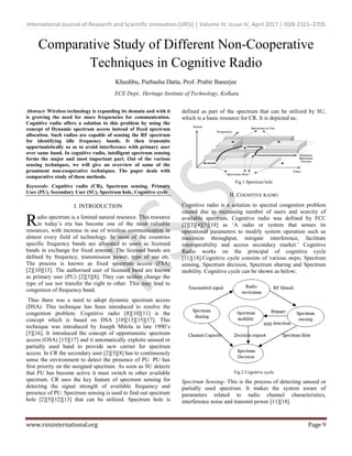 International Journal of Research and Scientific Innovation (IJRSI) | Volume IV, Issue IV, April 2017 | ISSN 2321–2705
www.rsisinternational.org Page 9
Comparative Study of Different Non-Cooperative
Techniques in Cognitive Radio
Khushbu, Purbasha Datta, Prof. Prabir Banerjee
ECE Dept., Heritage Institute of Technology, Kolkata
Abstract- Wireless technology is expanding its domain and with it
is growing the need for more frequencies for communication.
Cognitive radio offers a solution to this problem by using the
concept of Dynamic spectrum access instead of fixed spectrum
allocation. Such radios are capable of sensing the RF spectrum
for identifying idle frequency bands. It then transmits
opportunistically so as to avoid interference with primary user
over same band. In cognitive radio, intelligent spectrum sensing
forms the major and most important part. Out of the various
sensing techniques, we will give an overview of some of the
prominent non-cooperative techniques. The paper deals with
comparative study of these methods.
Keywords- Cognitive radio (CR), Spectrum sensing, Primary
User (PU), Secondary User (SU), Spectrum hole, Cognitive cycle
I. INTRODUCTION
adio spectrum is a limited natural resource. This resource
in today‟s era has become one of the most valuable
resources, with increase in use of wireless communication in
almost every field of technology. In most of the countries
specific frequency bands are allocated to users as licensed
bands in exchange for fixed amount. The licensed bands are
defined by frequency, transmission power, type of use etc.
The process is known as fixed spectrum access (FSA)
[2][10][15]. The authorised user of licensed band are known
as primary user (PU) [2][3][8]. They can neither change the
type of use nor transfer the right to other. This may lead to
congestion of frequency band.
Thus there was a need to adopt dynamic spectrum access
(DSA). This technique has been introduced to resolve the
congestion problem. Cognitive radio [8][10][11] is the
concept which is based on DSA [10][13][15][17]. This
technique was introduced by Joseph Mitola in late 1990‟s
[5][16]. It introduced the concept of opportunistic spectrum
access (OSA) [15][17] and it automatically exploits unused or
partially used band to provide new carrier for spectrum
access. In CR the secondary user [2][3][8] has to continuously
sense the environment to detect the presence of PU. PU has
first priority on the assigned spectrum. As soon as SU detects
that PU has become active it must switch to other available
spectrum. CR uses the key feature of spectrum sensing for
detecting the signal strength of available frequency and
presence of PU. Spectrum sensing is used to find out spectrum
hole [2][5][12][13] that can be utilized. Spectrum hole is
defined as part of the spectrum that can be utilized by SU,
which is a basic resource for CR. It is depicted as;
Fig.1 Spectrum hole
II. COGNITIVE RADIO
Cognitive radio is a solution to spectral congestion problem
caused due to increasing number of users and scarcity of
available spectrum. Cognitive radio was defined by FCC
[2][3][4][5][18] as „A radio or system that senses its
operational parameters to modify system operation such as
maximize throughput, mitigate interference, facilitate
interoperability and access secondary market.‟ Cognitive
Radio works on the principal of cognitive cycle
[11][18].Cognitive cycle consists of various steps; Spectrum
sensing, Spectrum decision, Spectrum sharing and Spectrum
mobility. Cognitive cycle can be shown as below;
Fig.2 Cognitive cycle
Spectrum Sensing- This is the process of detecting unused or
partially used spectrum. It makes the system aware of
parameters related to radio channel characteristics,
interference noise and transmit power [11][18].
R
 