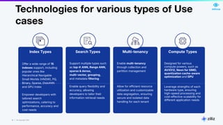 18 | © Copyright Zilliz
18
Technologies for various types of Use
cases
Compute Types
Designed for various
compute powers, such as
AVX512, Neon for SIMD,
quantization cache-aware
optimization and GPU
Leverage strengths of each
hardware type, ensuring
high-speed processing and
cost-effective scalability for
different application needs
Search Types
Support multiple types such
as top-K ANN, Range ANN,
sparse & dense,
multi-vector, grouping,
and metadata filtering
Enable query flexibility and
accuracy, allowing
developers to tailor their
information retrieval needs
Multi-tenancy
Enable multi-tenancy
through collection and
partition management
Allow for efficient resource
utilization and customizable
data segregation, ensuring
secure and isolated data
handling for each tenant
Index Types
Offer a wide range of 15
indexes support, including
popular ones like
Hierarchical Navigable
Small Worlds HNSW, PQ,
Binary, Sparse, DiskANN
and GPU index
Empower developers with
tailored search
optimizations, catering to
performance, accuracy and
cost needs
 