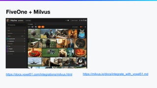 https://docs.voxel51.com/integrations/milvus.html
FiveOne + Milvus
https://milvus.io/docs/integrate_with_voxel51.md
 