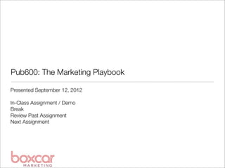 Pub600: The Marketing Playbook

Presented September 12, 2012

In-Class Assignment / Demo
Break
Review Past Assignment
Next Assignment
 