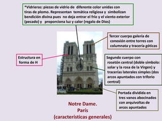 *Vidrieras: piezas de vidrio de diferente color unidas con
   tiras de plomo. Representan temática religiosa y simbolizan
   bendición divina pues no deja entrar el frío y el viento exterior
   (pecado) y proporciona luz y calor (regalo de Dios)


                                                       Tercer cuerpo galería de
                                                        conexión entre torres con
                                                        columnata y tracería góticas

Estructura en                                        Segundo cuerpo con
forma de H                                           rosetón central (doble símbolo:
                                                     solar y la rosa de la Virgen) y
                                                     tracerías laterales simples (dos
                                                     arcos apuntados con triforio
                                                     central)

                                                            Portada dividida en
                                                            tres vanos abocinados
                                                            con arquivoltas de
                                                            arcos apuntados
 