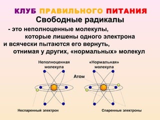 КЛУБ ПРАВИЛЬНОГО ПИТАНИЯ
         Свободные радикалы
 - это неполноценные молекулы,
       которые лишены одного электрона
и всячески пытаются его вернуть,
   отнимая у других, «нормальных» молекул
 