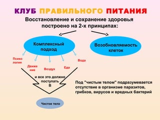 КЛУБ ПРАВИЛЬНОГО ПИТАНИЯ
        Восстановление и сохранение здоровья
             построено на 2-х принципах:


          Комплексный                       Возобновляемость
             подход                              клеток
Психо
                                     Вода
логия
        Движе                 Еда
         ние     Воздух

           и все это должно
              поступать             Под "чистым телом" подразумевается
                   В
                                    отсутствие в организме паразитов,
                                    грибков, вирусов и вредных бактерий

                Чистое тело
 