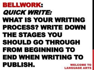 BELLWORK:
QUICK WRITE:
WHAT IS YOUR WRITING
PROCESS? WRITE DOWN
THE STAGES YOU
SHOULD GO THROUGH
FROM BEGINNING TO
END WHEN WRITING TO
PUBLISH.          WELCOME TO
               LANGUAGE ARTS
 