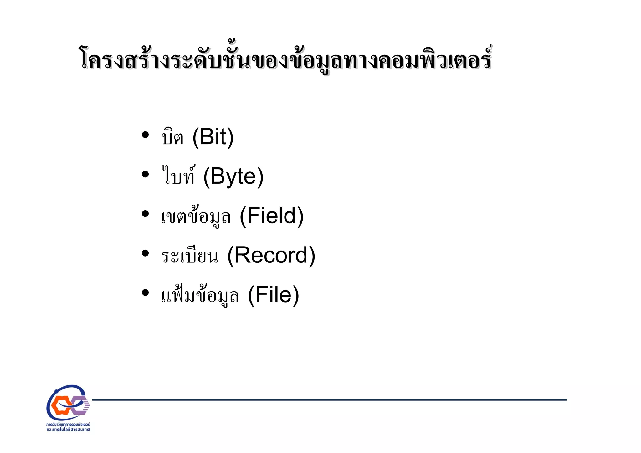 โครงสรางระดับชั้นของขอมูลทางคอมพิวเตอรโครงสรางระดับชั้นของขอมูลทางคอมพิวเตอร
• บิต (Bit)
• ไบท (Byte)
• เขตขอมูล (Field)
• ระเบียน (Record)
• แฟมขอมูล (File)
 