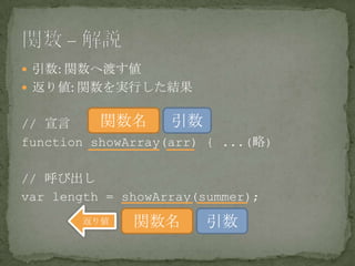  引数: 関数へ渡す値
 返り値: 関数を実行した結果
// 宣言
function showArray(arr) { ...(略)
// 呼び出し
var length = showArray(summer);
関数名
関数名
引数
引数返り値
 