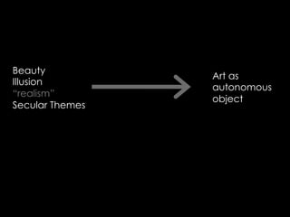 Beauty
Illusion
“realism”
Secular Themes
Art as
autonomous
object
 