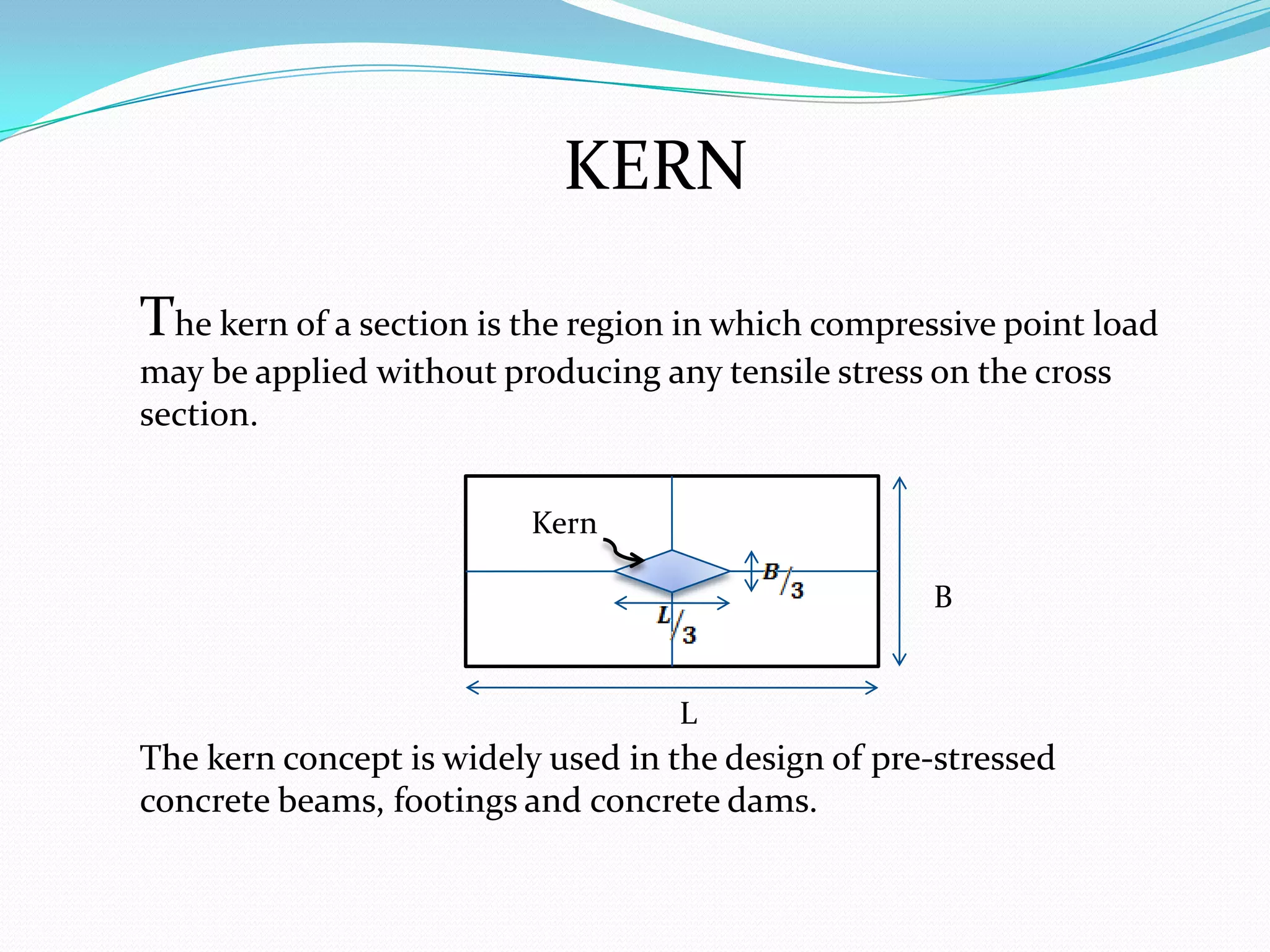 KERN
The kern of a section is the region in which compressive point load
may be applied without producing any tensile stress on the cross
section.
Kern
B

L

The kern concept is widely used in the design of pre-stressed
concrete beams, footings and concrete dams.

 