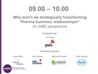 09.00 – 10.00
Why aren’t we strategically transforming
Pharma business relationships?
An SME perspective
Facilitated by:
Jo Pisani

Panellists Include:
John Wise

Tony Jones

Martino Picardo

Thilo Jaeckel

 
