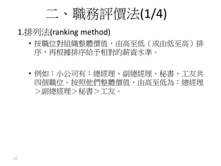 1.排列法(ranking method)
• 按職位對組織整體價值，由高至低（或由低至高）排
序，再根據排序給予相對的薪資水準。
• 例如：小公司有：總經理、副總經理、秘書、工友共
四個職位。按照他們整體價值，由高至低為：總經理
＞副總經理＞秘書＞工友。
二、職務評價法(1/4)
14
 
