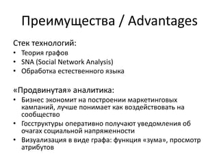 Преимущества / Advantages
Стек технологий:
• Теория графов
• SNA (Social Network Analysis)
• Обработка естественного языка...