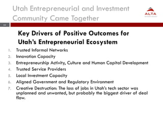 64
Utah Entrepreneurial and Investment
Community Came Together
1. Trusted Informal Networks
2. Innovation Capacity
3. Entr...