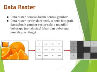 Data Raster 
● Data raster berasal dalam bentuk gambar. 
● Data raster terdiri dari pixel, seperti fotografi, 
dan sebuah gambar raster selalu memiliki 
beberapa jumlah pixel lebar dan beberapa 
jumlah pixel tinggi 
 