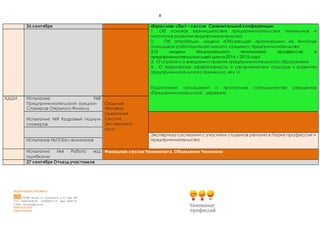 8 
ФЕДЕРАЛЬНЫЙ ОРГКОМИТЕТ: 
107996, Москва, ул. Гиляровского, д. 57, офис 636 
ТЕЛ.: +7(926)166-90-83; +7(495)684-47-74, факс: 688-61-36 
E-MAIL: education@rus.coop 
WWW.RUS.COOP 
WWW.KVRUS.RU 
26 сентября «Взрослая» сбыт – сессия Сравнительной конференции: 1. Об основах взаимодействия предпринимательских техникумов и институтов развития предпринимательства 2. Об апробации модели «Обучающей организации» на пилотных площадках работодателей малого, среднего, предпринимательства 3.О модели Национального чемпионата профессий и предпринимательских идей цикла 2014 – 2015 года 3. О спросе и о внедрении практик предпринимательского образования 4. О параметрах эффективности и управленческих подходах к развитию предпринимательского техникума «4 в 1» Подписание соглашений и протоколов сотрудничества резидентов «Предпринимательской деревни» КДЦМ Испытание №8 Предпринимательский аукцион Стажеров Открытого Финала Седьмая Итоговая Оценочная Сессия Экспертного пула Испытание №9 Кадровый подиум стажеров Экспертиза состязаний с участием студентов региона в Парке профессий и предпринимательства Испытание №10 Бал чемпионов Испытание №4 Работа над ошибками Финальная сессия Чемпионата. Объявление Чемпиона 27 сентября Отъезд участников 
