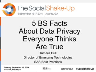 5 BS Facts 
About Data Privacy 
Everyone Thinks 
Are True 
@tamaradull #SocialShakeUp 
Tamara Dull 
Director of Emerging Technologies 
SAS Best Practices 
Tuesday September 16, 2014 
11:45am, Industry 3 
 