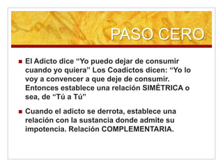 PASO CERO
   El Adicto dice “Yo puedo dejar de consumir
    cuando yo quiera” Los Coadictos dicen: “Yo lo
    voy a convencer a que deje de consumir.
    Entonces establece una relación SIMÉTRICA o
    sea, de “Tú a Tú”
   Cuando el adicto se derrota, establece una
    relación con la sustancia donde admite su
    impotencia. Relación COMPLEMENTARIA.
 
