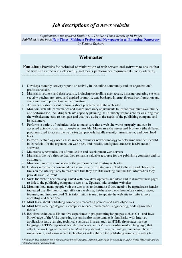 sample job description webmaster job description for webmaster