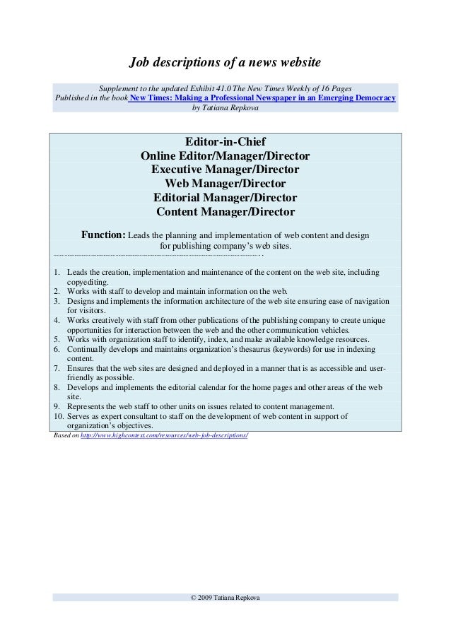 Sample job description EditorinChief // Online Editor/Manager/Dire…