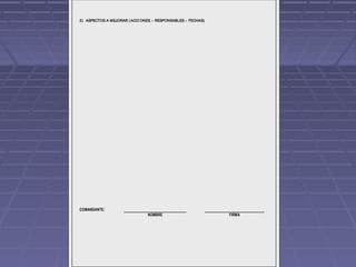 2) ASPECTOS A MEJORAR (ACCI ONES – RESPONSABLES – FECHAS)
COMANDANTE:
NOMBRE FIRMA
 