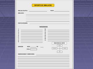 ÁREA (NO DE DPTO.): FECHA:
SIMULACRO:
PUNTO DE REUNIÓN:
PARTICIPANTES
1) 10)
2) 11)
3) 12)
4) 13)
5) 14)
6) 15)
7) 16)
8) 17)
9)
DURACIÓN INICIO FIN
TOTAL:
OBSERVACIONES Y COMENTARIOS:
REPORTE DE SIMULACRO
DIRECCIÓN DEL VIENTO
NORTE
ORIENTEPONIENTE
SUR
 