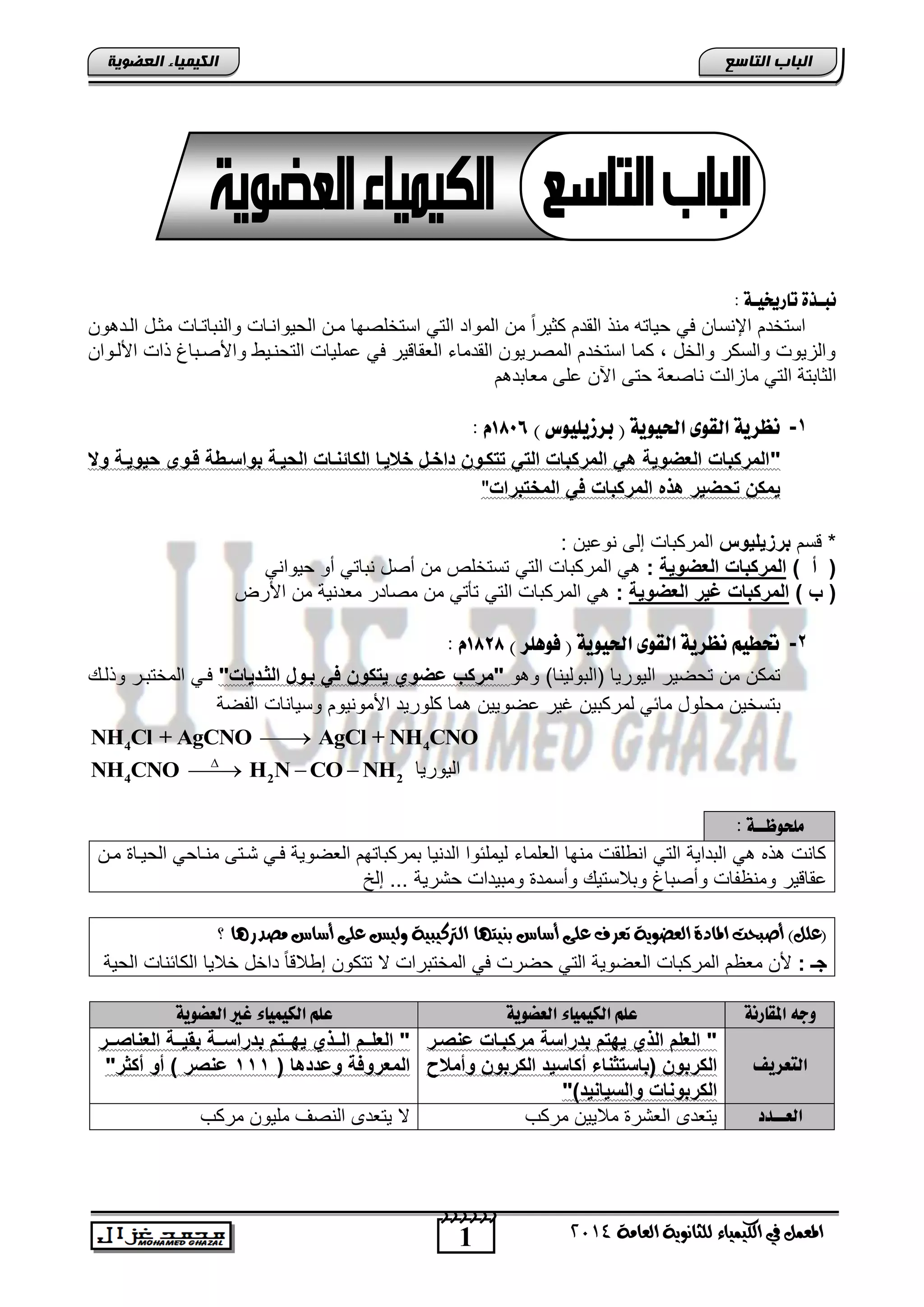 1
‫انجبة‬‫انتبصع‬
‫ايعاَة‬ ‫يًجاْوية‬ ‫ايهيُياء‬ ‫يف‬ ٌُ‫املع‬4102
‫انكيًيبء‬‫انعضىيخ‬
‫ُب‬‫ـ‬‫تارخيي‬ ‫ذة‬‫ـ‬: ‫ة‬
‫ون‬ ‫الند‬ ‫مثند‬ ‫والنتاتناو‬ ‫الحٌوانناو‬ ‫منن‬ ‫استخلصها‬ ً‫الت‬ ‫المواد‬ ‫من‬ ً‫ا‬‫كثٌر‬ ‫القدم‬ ‫منذ‬ ‫حٌاته‬ ً‫ف‬ ‫اإلنسان‬ ‫استخدم‬
‫اصلنوان‬ ‫ذاو‬ ‫واصصنتاذ‬ ٌ‫التحنن‬ ‫عملٌاو‬ ً‫ف‬ ‫العقاقٌر‬ ‫القدماء‬ ‫المصرٌون‬ ‫استخدم‬ ‫كما‬ , ‫والخد‬ ‫والسكر‬ ‫والزٌوو‬
‫ا‬‫ناص‬ ‫مازالو‬ ً‫الت‬ ‫لثاتتة‬‫م‬ ‫معاتد‬ ‫على‬ ‫اآلن‬ ‫حتى‬ ‫عة‬
1-‫ب‬ ( ‫احليوية‬ ‫اهقوى‬ ‫ُظزية‬‫ز‬) ‫سيويوس‬6886َ:
"‫و‬ ‫بٌوٌوة‬ ‫ووو‬ ‫ة‬ ‫بواوو‬ ‫البٌوة‬ ‫وات‬ ‫الكات‬ ‫لاٌوا‬ ‫االوخ‬ ‫تتكوو‬ ً‫الت‬ ‫المركبات‬ ً‫ه‬ ‫العضوٌة‬ ‫المركبات‬
‫الملتبرات‬ ً‫ف‬ ‫المركبات‬ ‫هذه‬ ‫تبضٌر‬ ‫ٌمك‬"
‫قسم‬ *‫برزٌلٌوس‬: ‫نوعٌن‬ ‫إلى‬ ‫المركتاو‬
) ‫أ‬ (‫العضوٌة‬ ‫المركبات‬:ً‫الت‬ ‫المركتاو‬ ًً‫حٌوان‬ ‫أو‬ ً‫نتات‬ ‫أصد‬ ‫من‬ ‫تستخلص‬
) ‫ب‬ (‫العضوٌة‬ ‫غٌر‬ ‫المركبات‬:ً‫الت‬ ‫المركتاو‬ ً‫اصرض‬ ‫من‬ ‫معدنٌة‬ ‫مصادر‬ ‫من‬ ً‫تؤت‬
2-) ‫فوٓوز‬ ( ‫احليوية‬ ‫اهقوى‬ ‫ُظزية‬ ٍ‫حتطي‬6888َ:
‫(التولٌنا‬ ‫الٌورٌا‬ ‫تحضٌر‬ ‫من‬ ‫تمكن‬‫و‬ ‫و‬ )‫الدواٌات‬ ‫بووخ‬ ً‫ف‬ ‫ٌتكو‬ ‫عضوي‬ ‫"مركب‬"‫وذلن‬ ‫المختتنر‬ ً‫فن‬
‫تت‬‫عضو‬ ‫غٌر‬ ‫لمركتٌن‬ ً‫مائ‬ ‫محلود‬ ‫سخٌن‬‫وسٌاناو‬ ‫اصمونٌوم‬ ‫كلورٌد‬ ‫ما‬ ‫ٌٌن‬‫الفضة‬
4 4NH Cl + AgCNO AgCl + NH CNO
4 2 2NH CNO H N CO NH
   ‫الٌورٌا‬
‫ًوخوظــة‬:
‫منن‬ ‫الحٌنا‬ ً‫منناح‬ ‫تنتى‬ ً‫فن‬ ‫العضوٌة‬ ‫تمركتاتهم‬ ‫الدنٌا‬ ‫لٌملئوا‬ ‫العلماء‬ ‫منها‬ ‫لقو‬ ‫ان‬ ً‫الت‬ ‫التداٌة‬ ً ‫ذه‬ ‫كانو‬
‫عقاقٌر‬‫إلخ‬ ... ‫حترٌة‬ ‫ومتٌداو‬ ‫وأسمد‬ ٌ‫وتالست‬ ‫وأصتاذ‬ ‫ومنظفاو‬
‫؟‬ ‫َصدزٖا‬ ‫أضاع‬ ‫عًى‬ ‫وييظ‬ ‫ايرتنيبية‬ ‫بٓيتٗا‬ ‫أضاع‬ ‫عًى‬ ‫تعسف‬ ‫ايعضوية‬ ‫املادة‬ ‫أصبحت‬ )ًٌ‫(ع‬
: ‫جـ‬‫ال‬ ‫المركتاو‬ ‫معظم‬ ‫صن‬‫ع‬‫داخد‬ ً‫ا‬‫الق‬ ‫إ‬ ‫تتكون‬ ‫ال‬ ‫المختتراو‬ ً‫ف‬ ‫حضرو‬ ً‫الت‬ ‫ضوٌة‬‫خالٌا‬‫الحٌة‬ ‫الكائناو‬
‫املقارُة‬ ٕ‫وج‬‫اهل‬ ٍ‫عو‬‫اهعطوية‬ ‫يٌياء‬‫اهعطوية‬ ‫غري‬ ‫اهليٌياء‬ ٍ‫عو‬
‫اهتعزيف‬
‫رور‬ ‫ع‬ ‫مركبوات‬ ‫باراوة‬ ‫ٌهتم‬ ‫الذي‬ ‫العلم‬ "
‫وأماح‬ ‫الكربو‬ ‫أكاوٌا‬ ‫اء‬ ‫(باوتد‬ ‫الكربو‬
")‫ٌا‬ ‫والوٌا‬ ‫ات‬ ‫الكربو‬
‫ووة‬‫و‬‫باراو‬ ‫ووتم‬‫و‬‫ٌه‬ ‫ووذي‬‫و‬‫ال‬ ‫ووم‬‫و‬‫العل‬ "‫وور‬‫و‬‫ار‬ ‫الع‬ ‫ووة‬‫و‬ٌ‫بق‬
( ‫وعااها‬ ‫المعروفة‬111"‫أكدر‬ ‫أو‬ ) ‫رر‬ ‫ع‬
‫اهع‬‫ــ‬‫دد‬‫مركب‬ ‫مالٌٌن‬ ‫العتر‬ ‫ٌتعدى‬‫مركب‬ ‫ملٌون‬ ‫النصف‬ ‫ٌتعدى‬ ‫ال‬
 