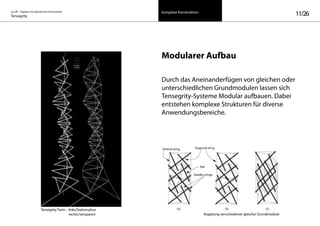on/off – Objekte mit kalkuliertem Formwandel
Tensegrity 11/26
TensegrityTurm – links/Stabstruktur
rechts/verspannt
komplexe Konstruktion
Modularer Aufbau
Durch das Aneinanderfügen von gleichen oder
unterschiedlichen Grundmodulen lassen sich
Tensegrity-Systeme Modular aufbauen. Dabei
entstehen komplexe Strukturen für diverse
Anwendungsbereiche.
Kopplung verschiedener gleicher Grundmodule
 