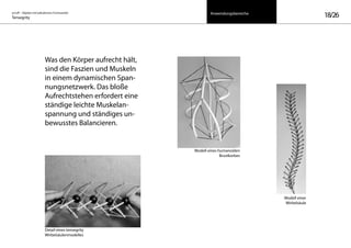 on/off – Objekte mit kalkuliertem Formwandel
Tensegrity 18/26
Detail eines tensegrity
Wirbelsäulenmodelles
Modell einer
Wirbelsäule
Modell eines humanoiden
Brustkorbes
Anwendungsbereiche
Was den Körper aufrecht hält,
sind die Faszien und Muskeln
in einem dynamischen Span-
nungsnetzwerk. Das bloße
Aufrechtstehen erfordert eine
ständige leichte Muskelan-
spannung und ständiges un-
bewusstes Balancieren.
 