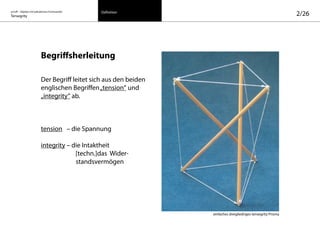 on/off – Objekte mit kalkuliertem Formwandel
Tensegrity 2/26
Begriffsherleitung
Der Begriff leitet sich aus den beiden
englischen Begriffen„tension“ und
„integrity“ ab.
tension – die Spannung
integrity – die Intaktheit
		 [techn.]das Wider-
standsvermögen
Definition
einfaches dreigliedriges tensegrity Prisma
 