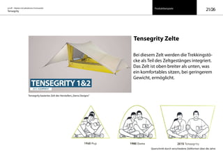 on/off – Objekte mit kalkuliertem Formwandel
Tensegrity 21/26Produktbeispiele
Querschnitt durch verschiedene Zeltformen über die Jahre
Tensegrity basiertes Zelt des Herstellers„Sierra Designs“
Tensegrity Zelte
Bei diesem Zelt werden die Trekkingstö-
cke als Teil des Zeltgestänges integriert.
Das Zelt ist oben breiter als unten, was
ein komfortables sitzen, bei geringerem
Gewicht, ermöglicht.
 