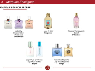 3 – Marques Enseignes
BOUTIQUES EN NOM PROPRE
Little Sky
Peace and Sun
Purple Love
Little Marcel
Esprit Pure for Woman
Esprit Pure for Man
Esprit
Roses et Reines Jardin
Secret
L’Occitane
Lune de Miel
Fragonard
Rebel Hero Night Out
Lady Rebel Night Out
Mango
 