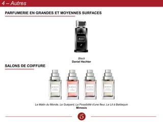4 – Autres
PARFUMERIE EN GRANDES ET MOYENNES SURFACES
Black
Daniel Hechter
SALONS DE COIFFURE
Le Matin du Monde, Le Guépard, La Possibilité d’une fleur, Le Lit à Baldaquin
Mimesis
 